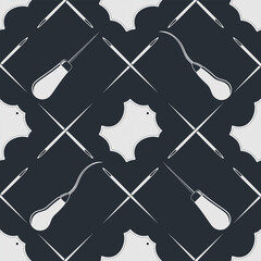Leather craft seamless pattern with Genuine leather symbol and leather crafting tools. Vector illustration