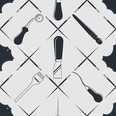Leather craft seamless pattern with Genuine leather symbol and leather crafting tools. Vector illustration