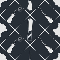 Leather craft seamless pattern with Genuine leather symbol and leather crafting tools. Vector illustration