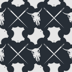 Leather craft seamless pattern with Genuine leather symbol and Bull skull. Vector illustration