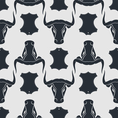 Leather craft seamless pattern with Genuine leather symbol and Bull's head. Vector illustration