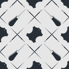 Leather craft seamless pattern with Genuine leather symbol and leather crafting tools. Vector illustration