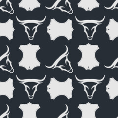 Leather craft seamless pattern with Genuine leather symbol and Bull's head. Vector illustration