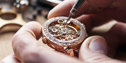 Skillful hands repairing a luxury watch with precision Generative AI