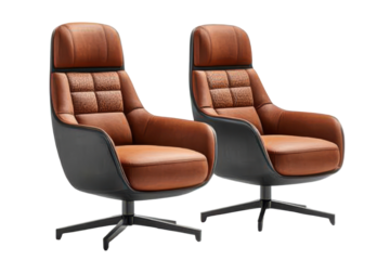 Two Modern Brown Leather Swivel Chairs Elegant Design Home Decor isolated on a transparent background