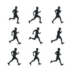 Silhouette illustrations of male runners in various poses