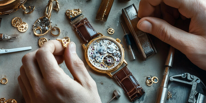 Skilled hands assembling a luxury watch movement Generative AI