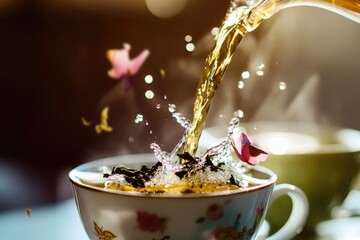 A cup of tea with floral decorations. Tea is being poured, creating splashes and bubbles. Soft lighting enhances the scene's warmth and tranquility.