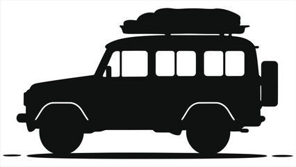 A black silhouette of an offroad vehicle with a roof rack and spare tire isolated on white background © Tanver