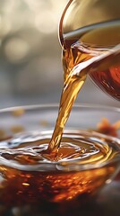 A glass teapot pours hot amber tea into a clear cup. The scene is warm and inviting, showcasing the rich color and texture of the tea.