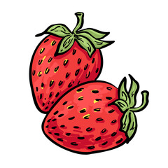 Juicy red strawberry duo with green tops. Hand-drawn clipart for food packaging, product labels, and summer designs.