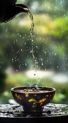 A teapot pours hot water into a bowl, creating steam. Rain falls outside a window, with a blurred green background. The scene conveys warmth and tranquility.