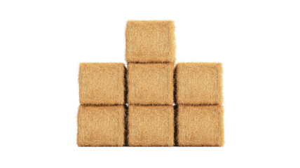 Six stacked hay bales forming pyramid shape on transparent background