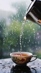 A teapot pours hot water into a floral teacup. Rain falls outside, creating a cozy atmosphere. The scene is warm and inviting, perfect for tea lovers.