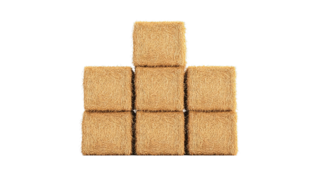 Six stacked hay bales forming pyramid shape on transparent background