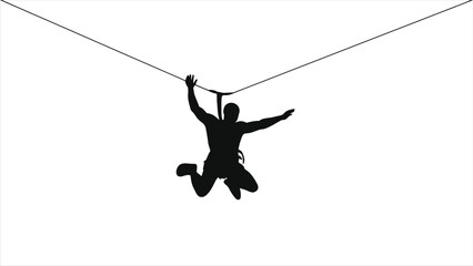 A daring silhouette of a man zipping through the air on a zipline against a clear sky
