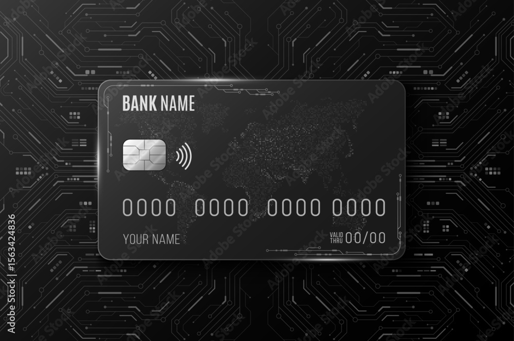 Poster cyber debit card with glowing futuristic circuit board and global map on black background. hi-tech b