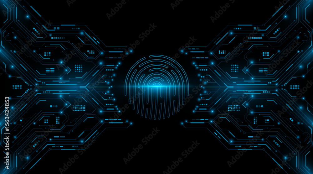 Poster futuristic glowing fingerprint scanner on a digital circuit board background. abstract biometric sec