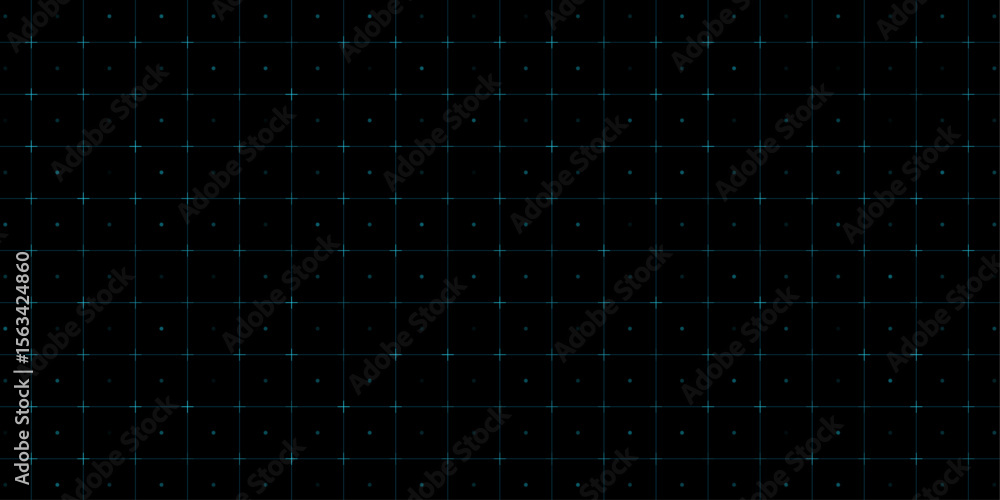 Poster minimal hi-tech pattern with blue square grid, cross points and digital dot matrix on black backgrou