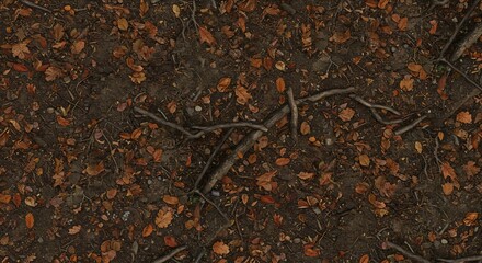 Overhead view of a forest floor with dark soil scattered orange leaves small stones and tree roots