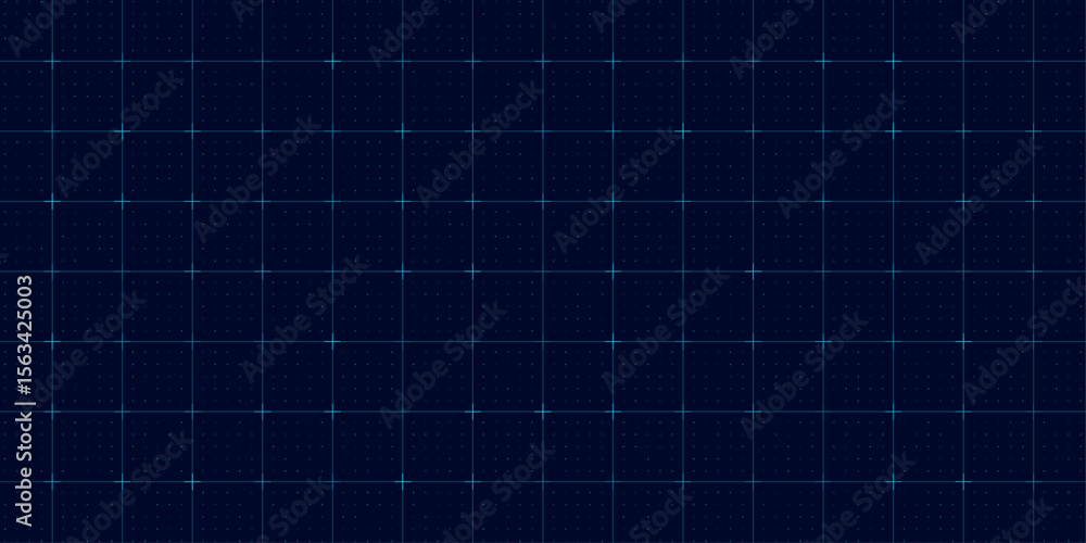 Poster hi-tech pattern with blue square grid, cross points and digital dot matrix on black background. futu