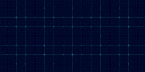 Hi-tech pattern with blue square grid, cross points and digital dot matrix on black background. Futuristic user interface layout for HUD design or tech dashboard. Vector illustration.