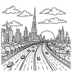 Sheikh Zayed Dubai Landmark Art - UAE Skyline, Mosque Silhouette, Arabic Calligraphy & Modern Architecture Line Drawing White Background
