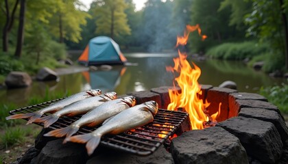 Frische Fische auf Lagerfeuergrill beim Camping  
