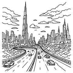 Sheikh Zayed Dubai Landmark Art - UAE Skyline, Mosque Silhouette, Arabic Calligraphy & Modern Architecture Line Drawing White Background