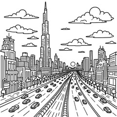 Sheikh Zayed Dubai Landmark Art - UAE Skyline, Mosque Silhouette, Arabic Calligraphy & Modern Architecture Line Drawing White Background