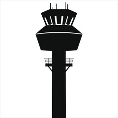 Simple black silhouette of an airport air traffic control tower./A clean, minimalist silhouette of an air traffic control tower against white background.