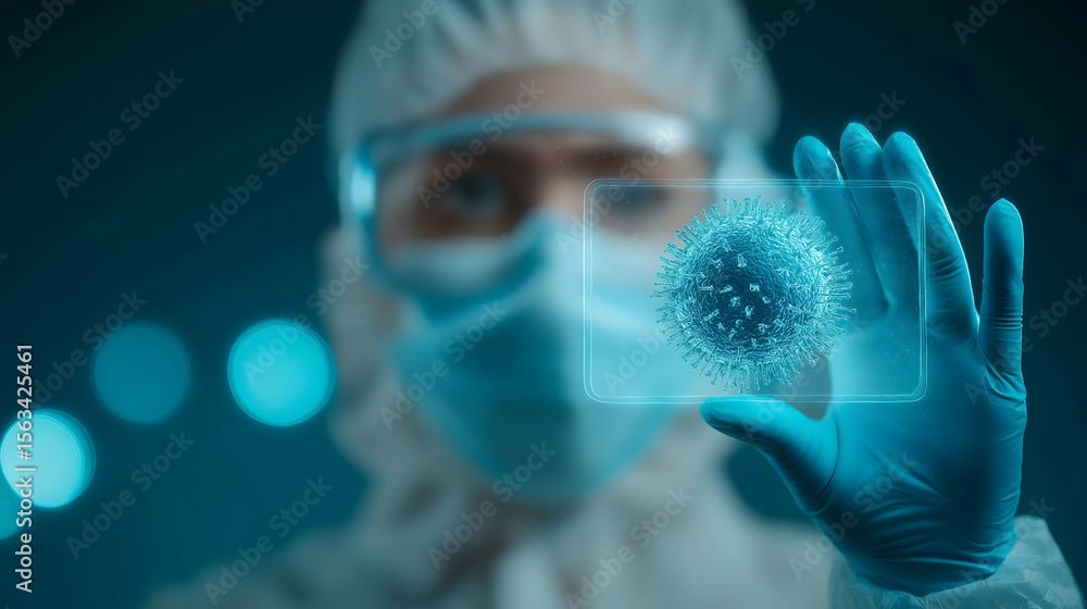 Aufkleber a scientist in protective gear examines a digital representation of a virus on a transparent screen 