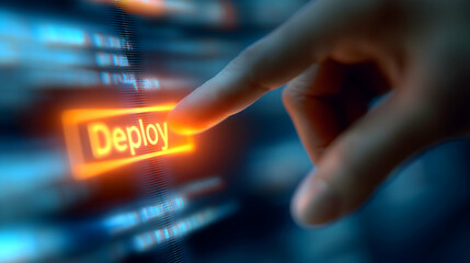 A finger is pressing a glowing "Deploy" button on a digital interface, symbolizing software deployment or launching a tech project.