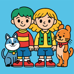 cartoon-doodle-children-with-pet-animals--simple