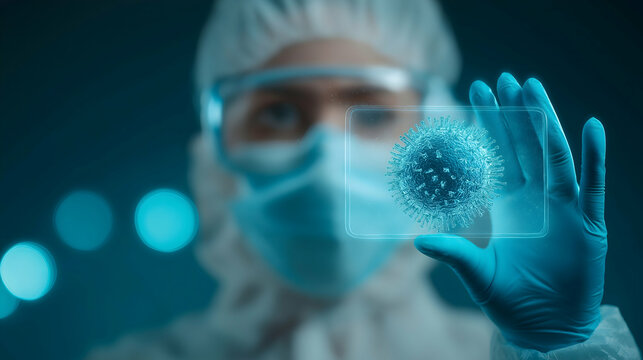 A scientist in protective gear examines a digital representation of a virus on a transparent screen in a high-tech laboratory setting. - Powered by Adobe