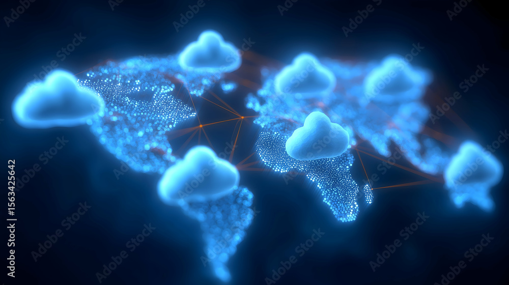 Poster digital illustration of cloud icons connected over a glowing world map, symbolizing global cloud com