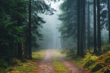 Obraz premium Moody trail through dense forest in morning fog