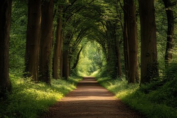 Fototapeta premium Forest road with overhead tree canopy and sunlight