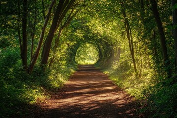 Fototapeta premium Magical sunlit forest path under tree arch
