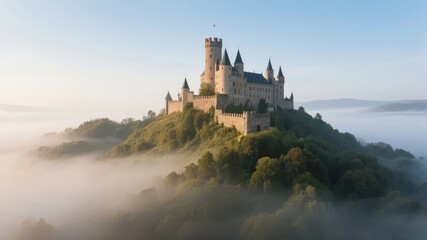 Medieval Castle Perched on a Hilltop Amidst Foggy Landscape