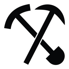 Crossing spade pickax icon. Crossed shovel and pickaxe vector illustration silhouette symbol website logo design. Black mining symbol icon isolated on white background. Vector illustration.