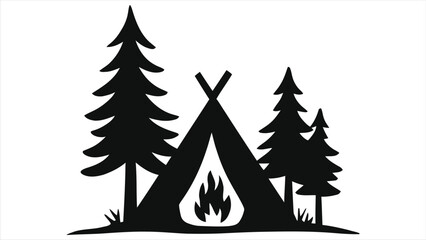 Simple black silhouette of a camping scene with teepee and trees./A minimalist black silhouette illustration depicts a camping scene.