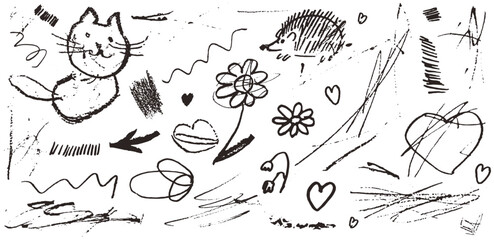 Crayon or charcoal stroke scribble elements. Chalk or pen hand drawn stickers. Vector messy drawings with grunge rough texture. Squiggle swirl line illustration set or collection. Fun kid art sketch.