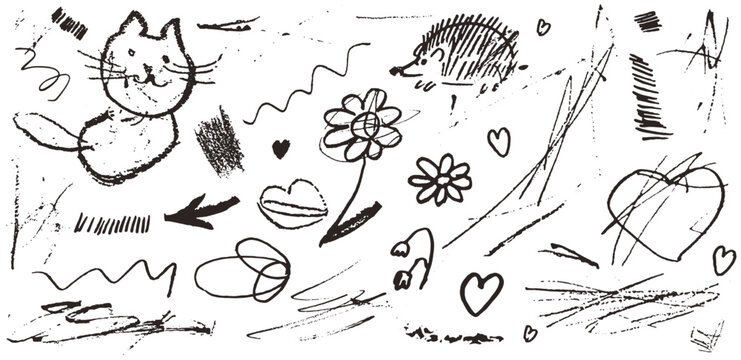 Crayon or charcoal stroke scribble elements. Chalk or pen hand drawn stickers. Vector messy drawings with grunge rough texture. Squiggle swirl line illustration set or collection. Fun kid art sketch.