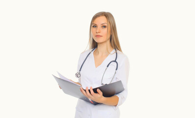 Young woman doctor with stethoscope and folder of documents on white background