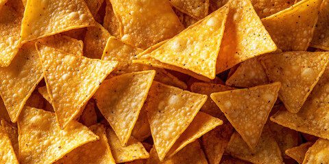 Crunchy triangular nacho chips with golden texture and seasoning, macro and full-frame texture shot, close-up texture, top view