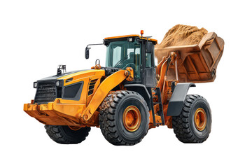 Fototapeta premium Orange wheel loader moving sand construction vehicle heavy machinery powerful engine isolated on a transparent background
