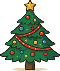 Cartoon Christmas Tree with Ornaments and Star