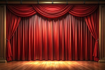 Elegant red velvet stage curtains with polished wooden floor