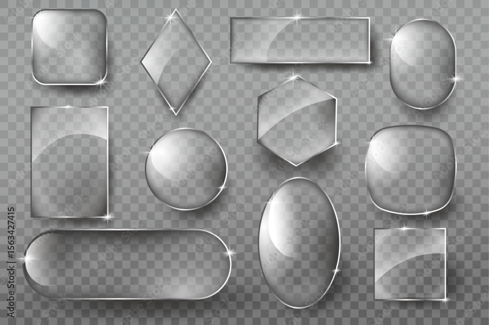 Poster a collection of transparent glass shapes including rectangles, diamonds, and ovals, designed for use